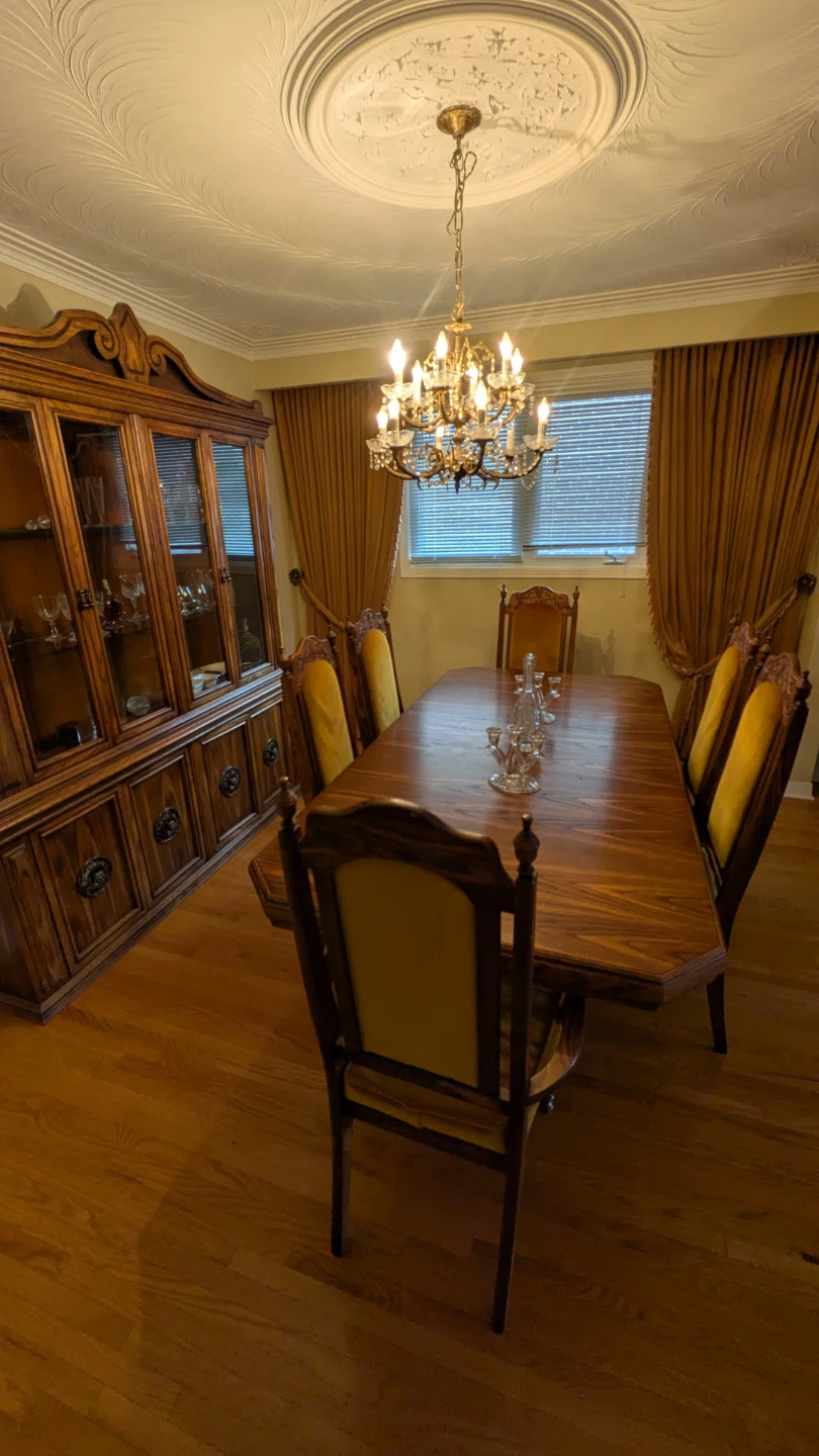 Solid Vintage Wood Dining Table and Chairs with China Cabinet