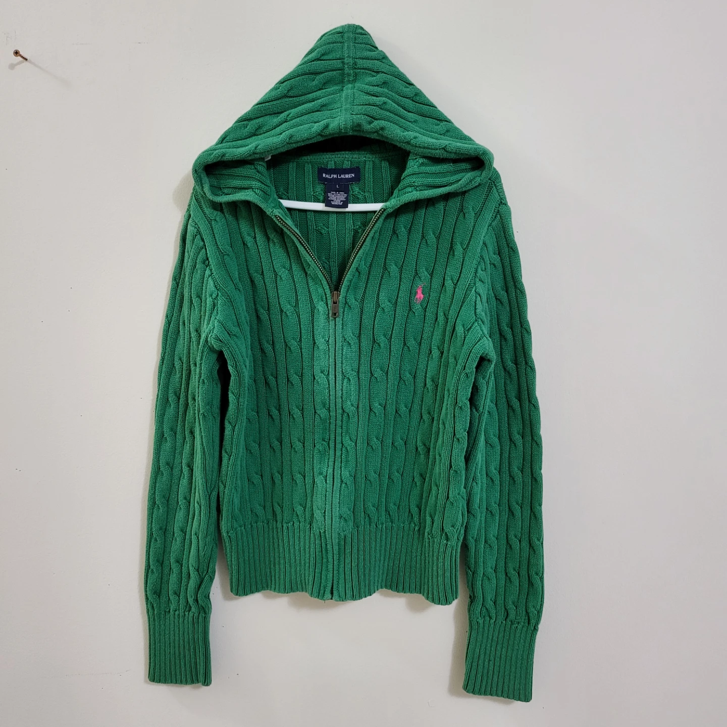 Ralph Lauren Girls Cable-Knit Full-Zip Hoodie (Green, Size L)