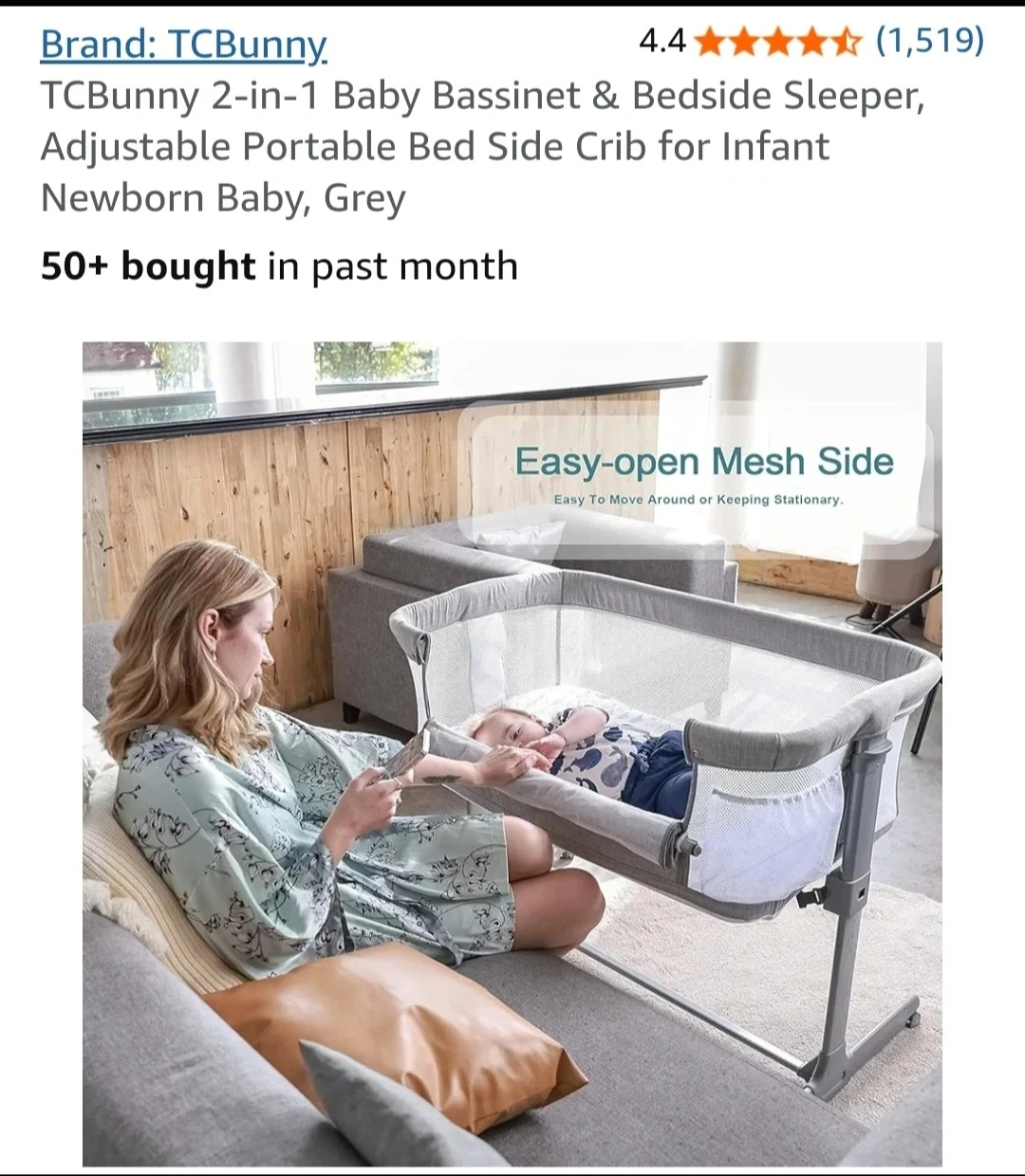 *Like New* TCBunny 2-in-1 Baby Bassinet & Bedside Sleeper - Grey