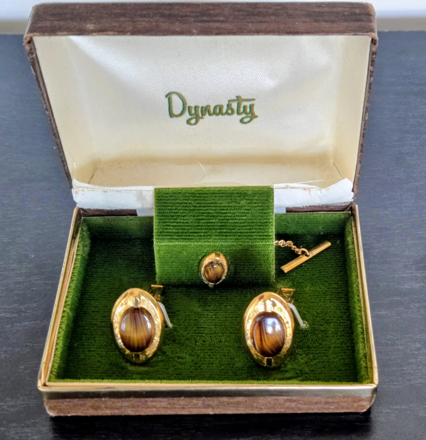 Vintage 1960's "Dynasty" Cufflinks/Tie Tack Set, Tigers Eye - photo 2