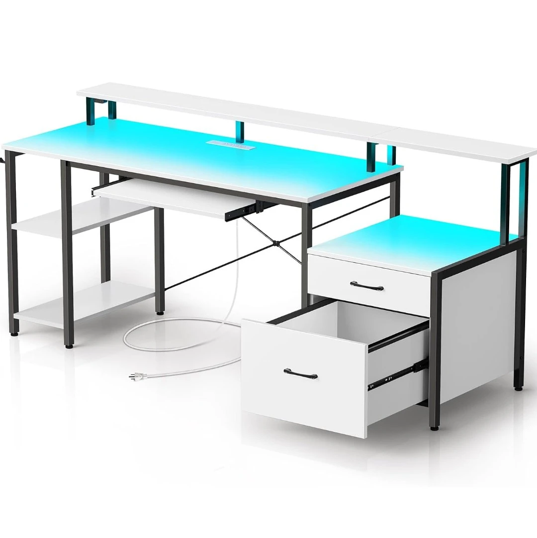 Rolanstar Computer Desk 63" with Power Outlet & LED Light - photo 4