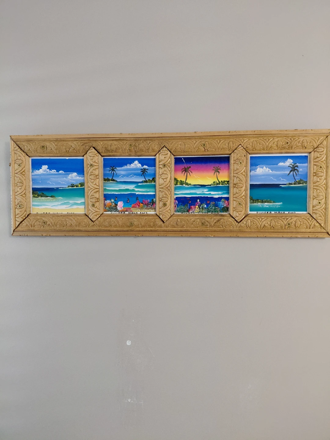 Framed Tropical Beach Artwork from Mexico with carved frame