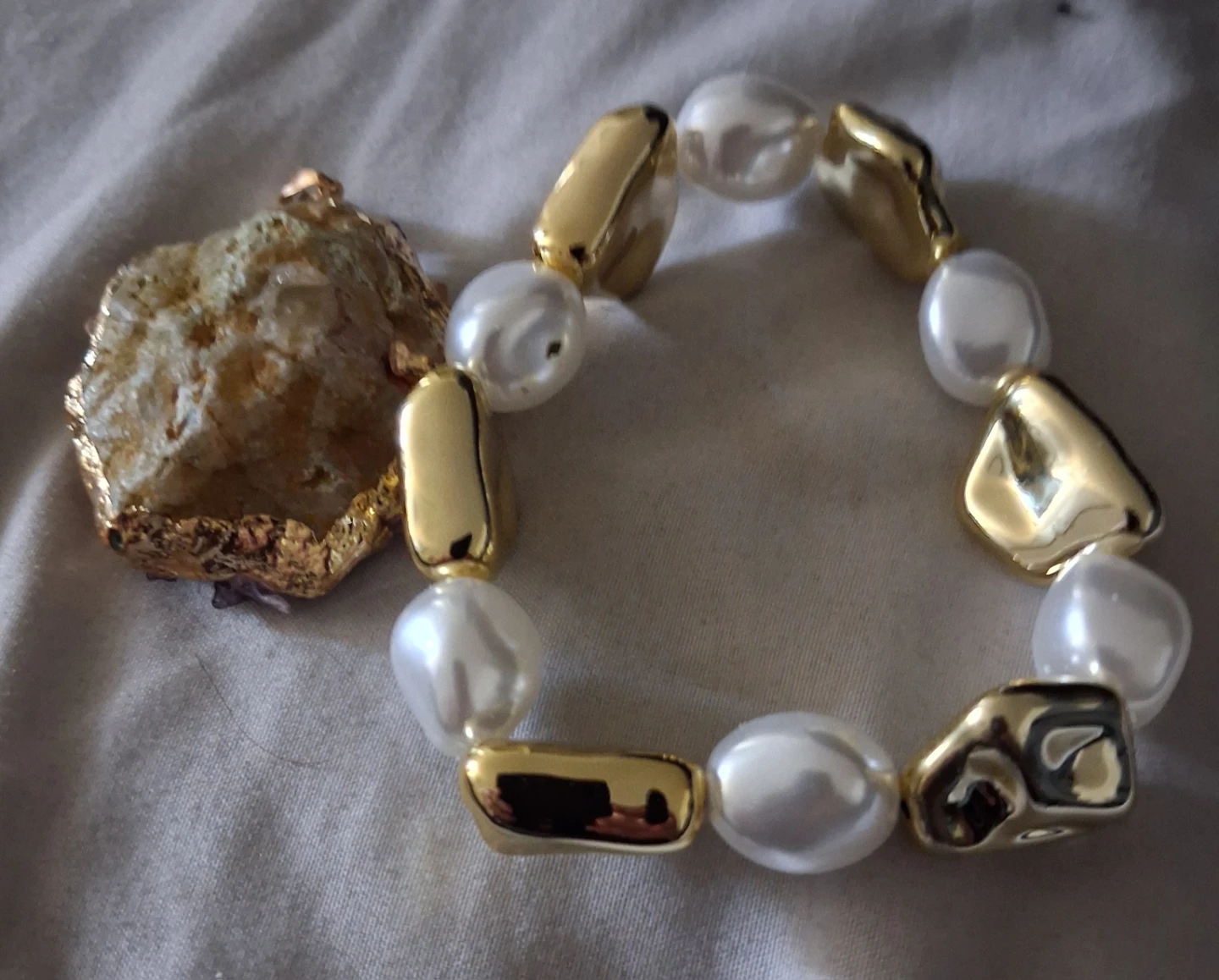Pearl and Gold Bead Bracelet with Natural Stone Pendant