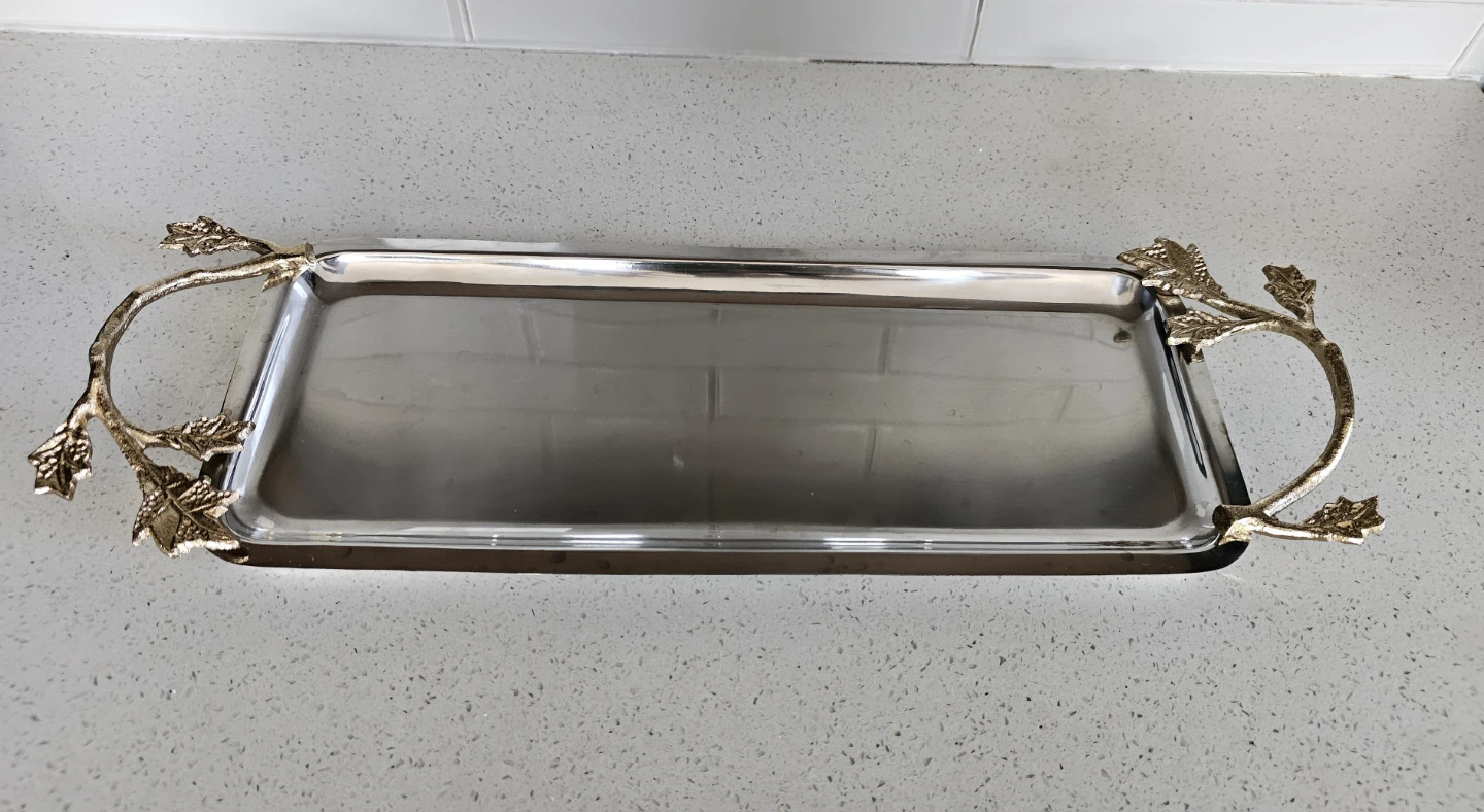 Elegant Silver Serving Tray – Gold Leaf Handles