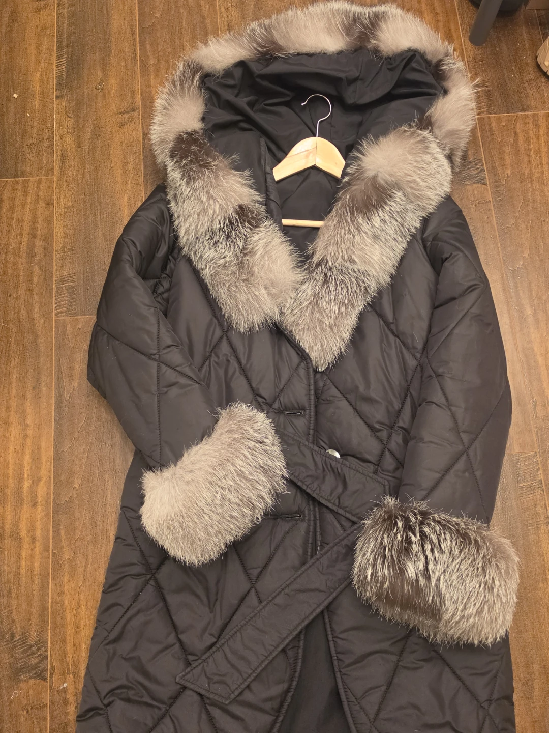 Black Quilted Long Coat with Fur Trim