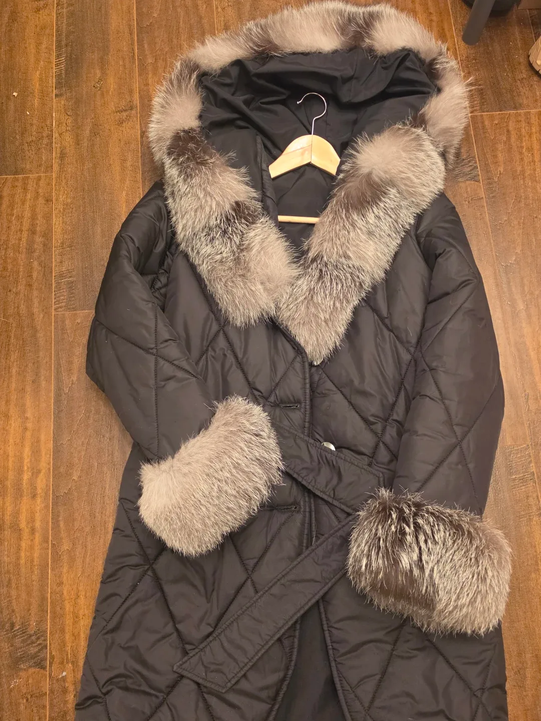 Black Quilted Long Coat with Fur Trim