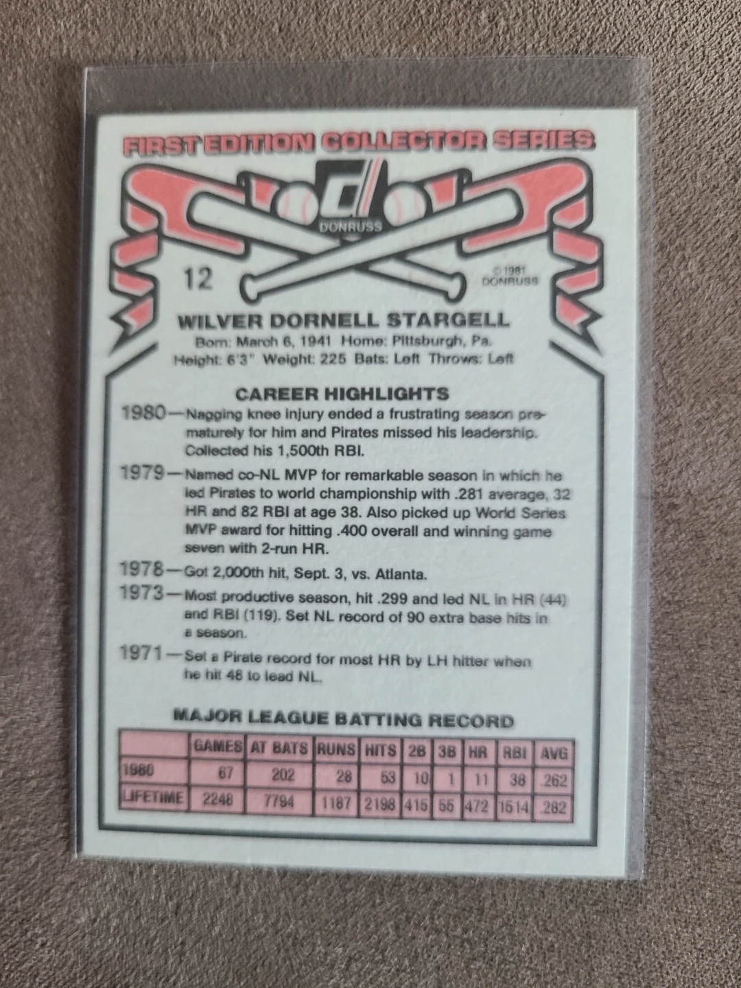 1981 Donruss Willie Stargell Pirates Baseball Card - photo 2