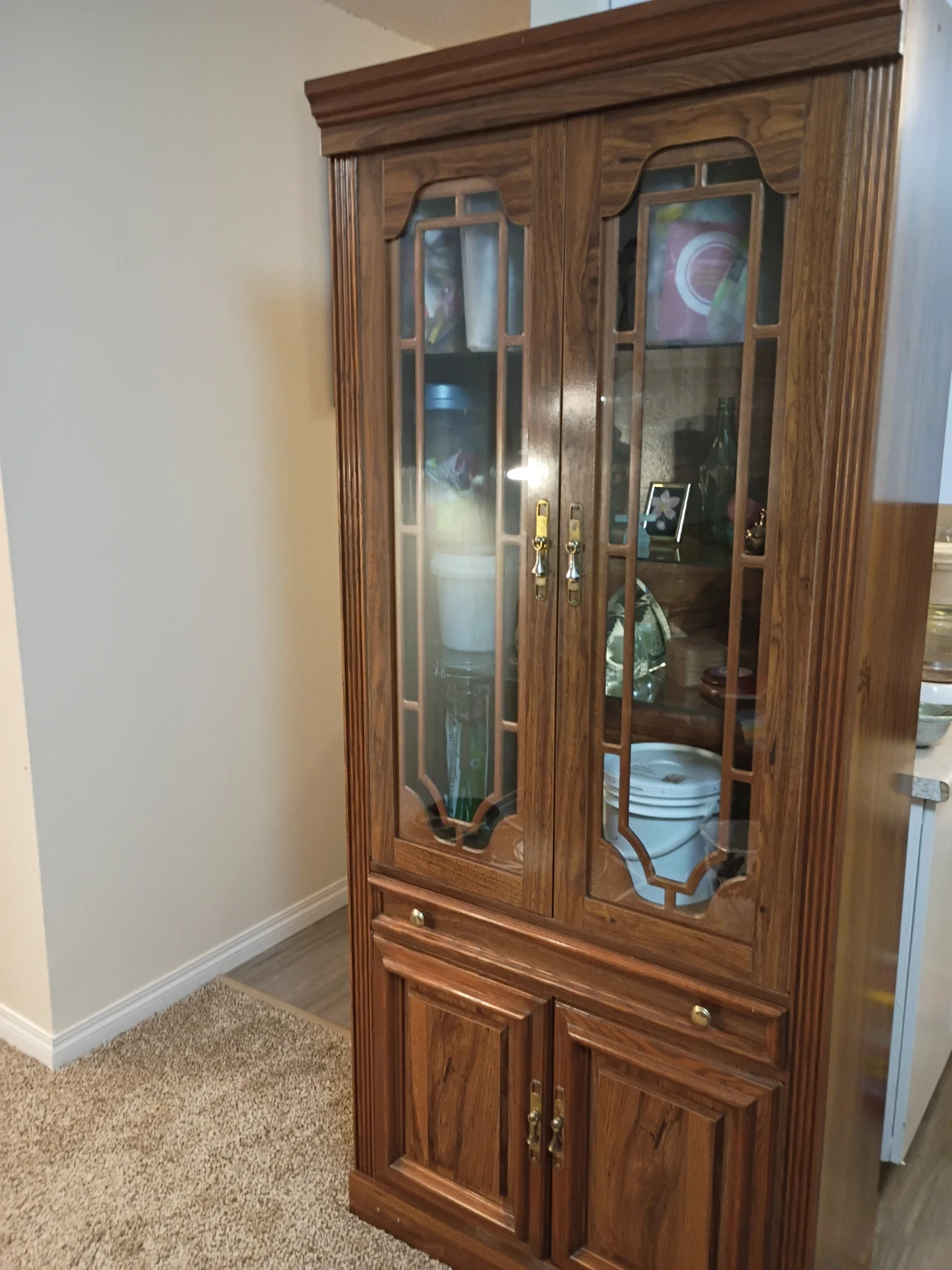 Aunt Jerseys 1950 Oak Finish China Cabinet with Glass Doors