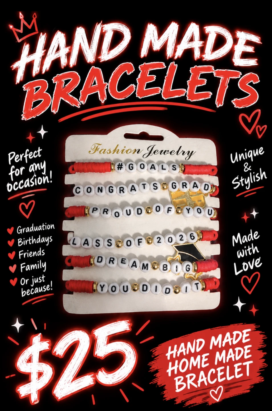 Set of 6 Handmade Graduation Themed Bracelets