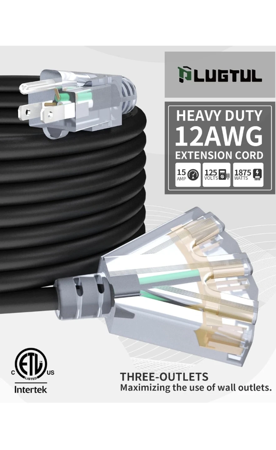 New100Ft 12/3 Outdoor Extension Cord with 3-Outlets, Heavy Duty - photo 3