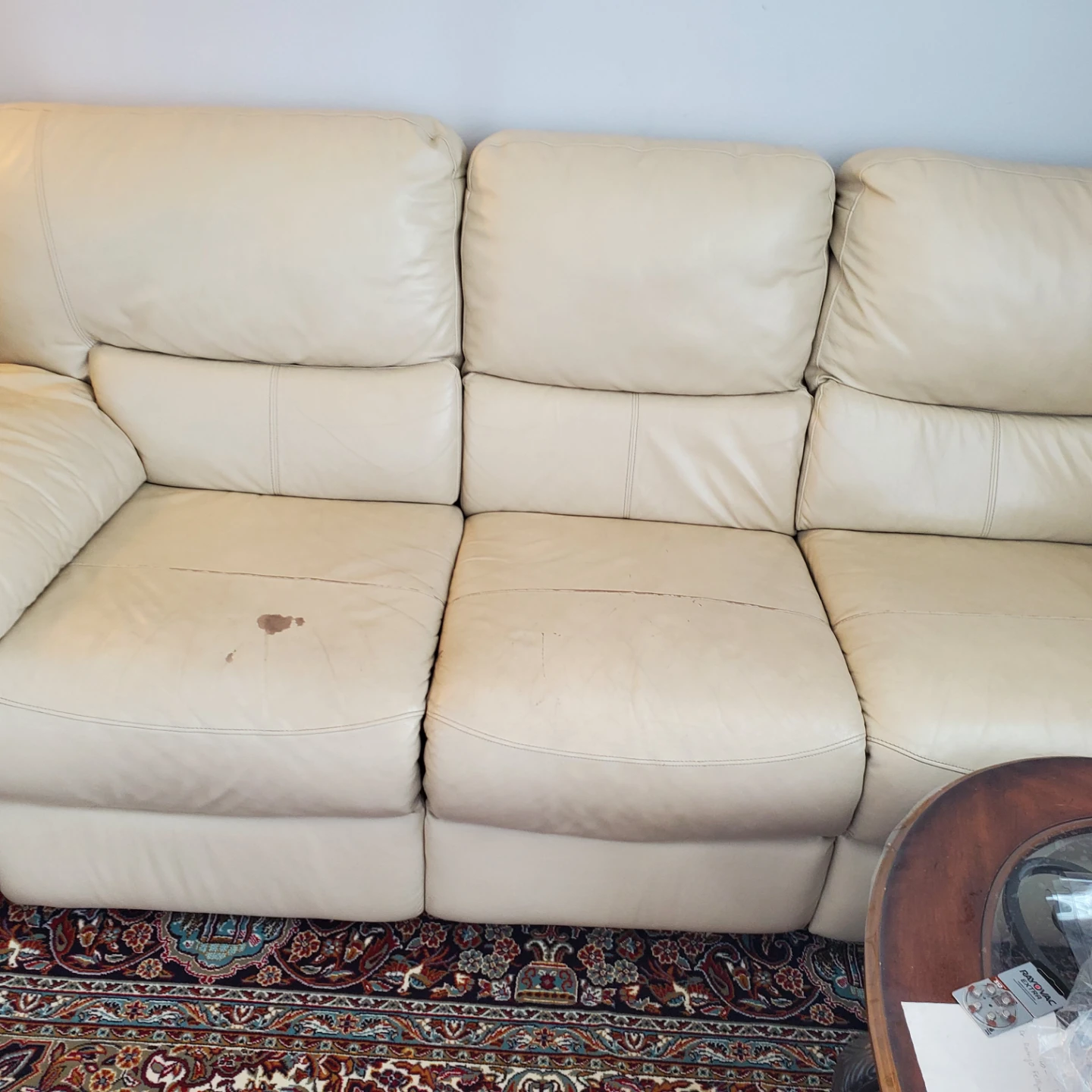 Cream Leather Reclining Sofa with Cup Holders - photo 3