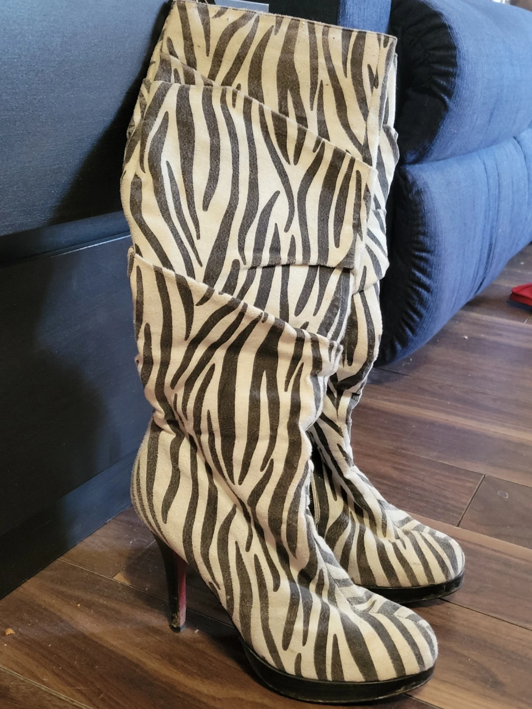 Zebra Print Knee High Heeled Boots