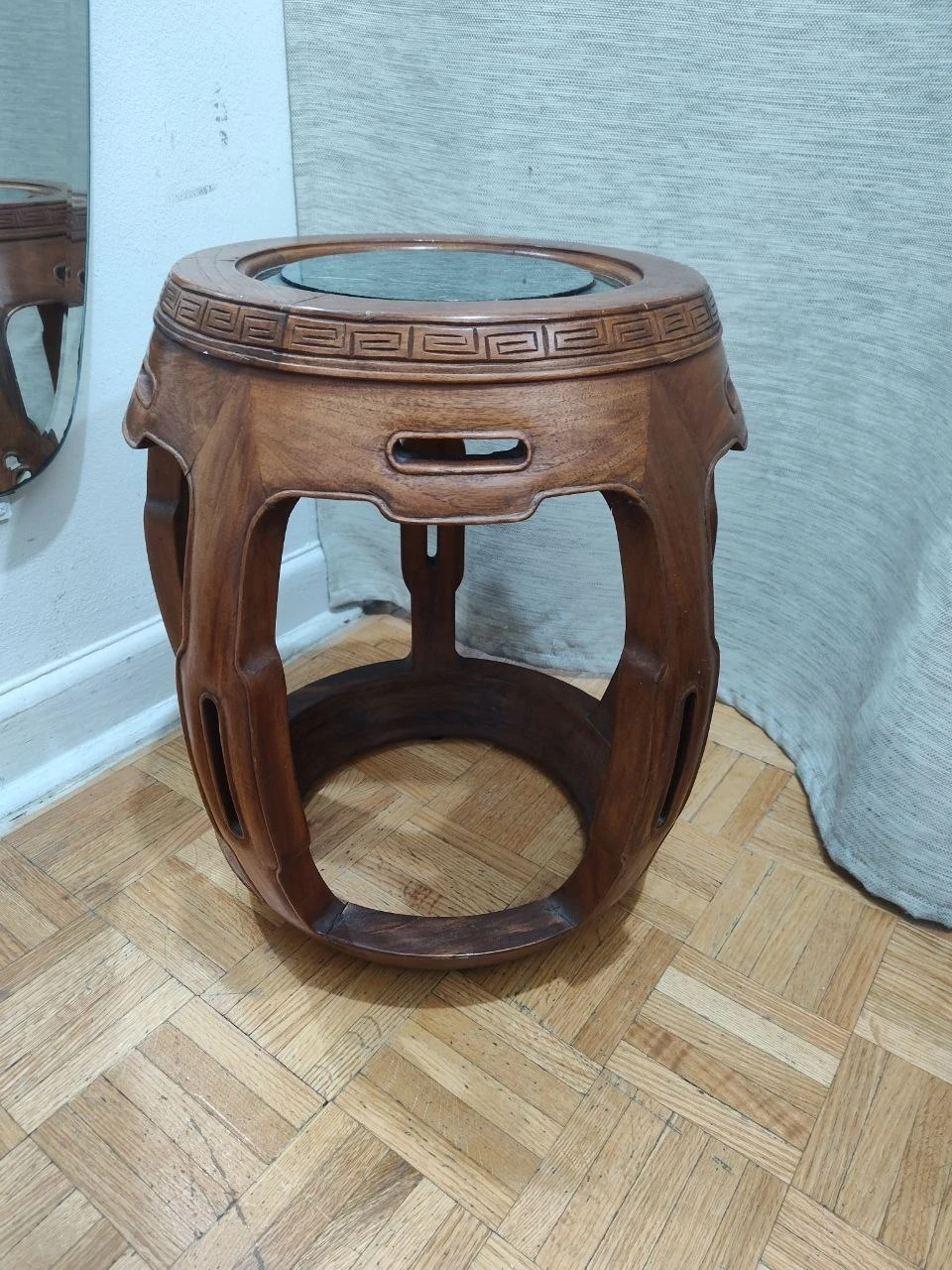 Vintage Chinese Carved Hardwood Drum Stool with Green Marble Top - photo 2