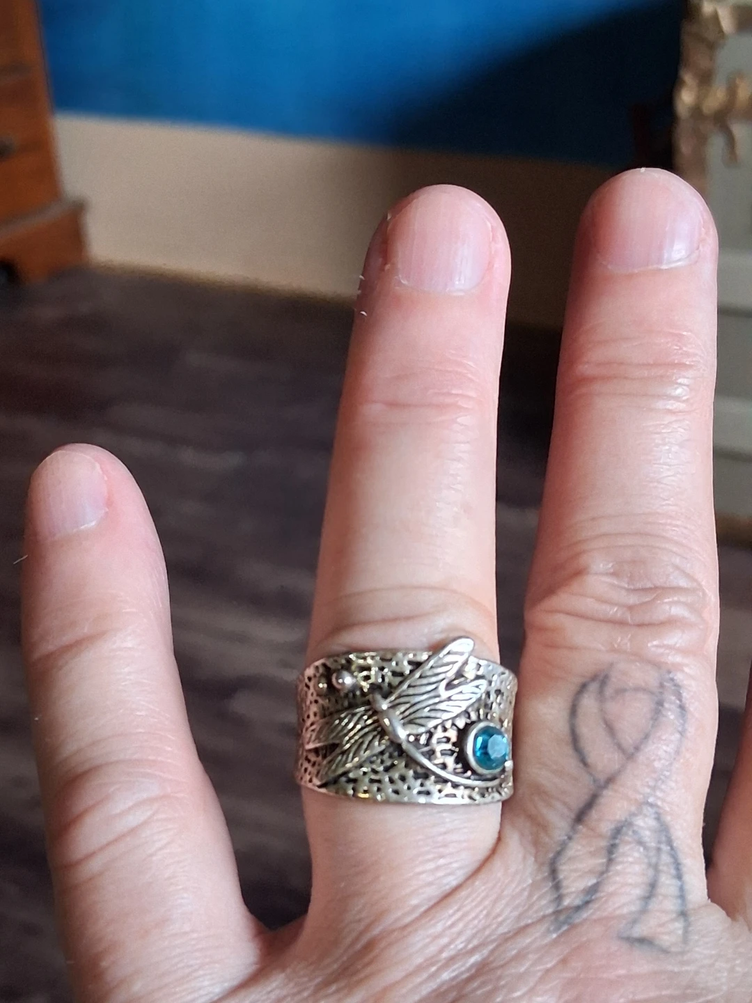 Dragonfly silver ring with blue stone