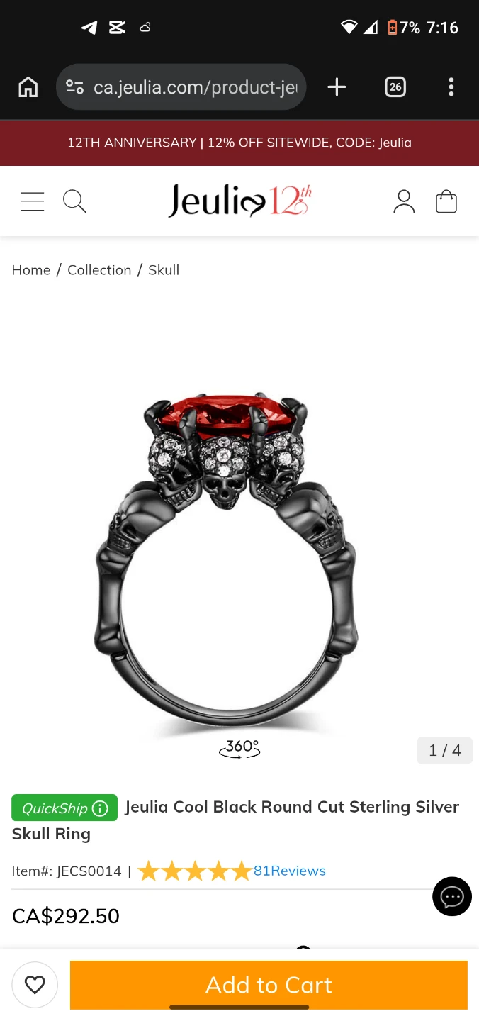 Jeulia Black Sterling Silver Skull Ring - photo 2