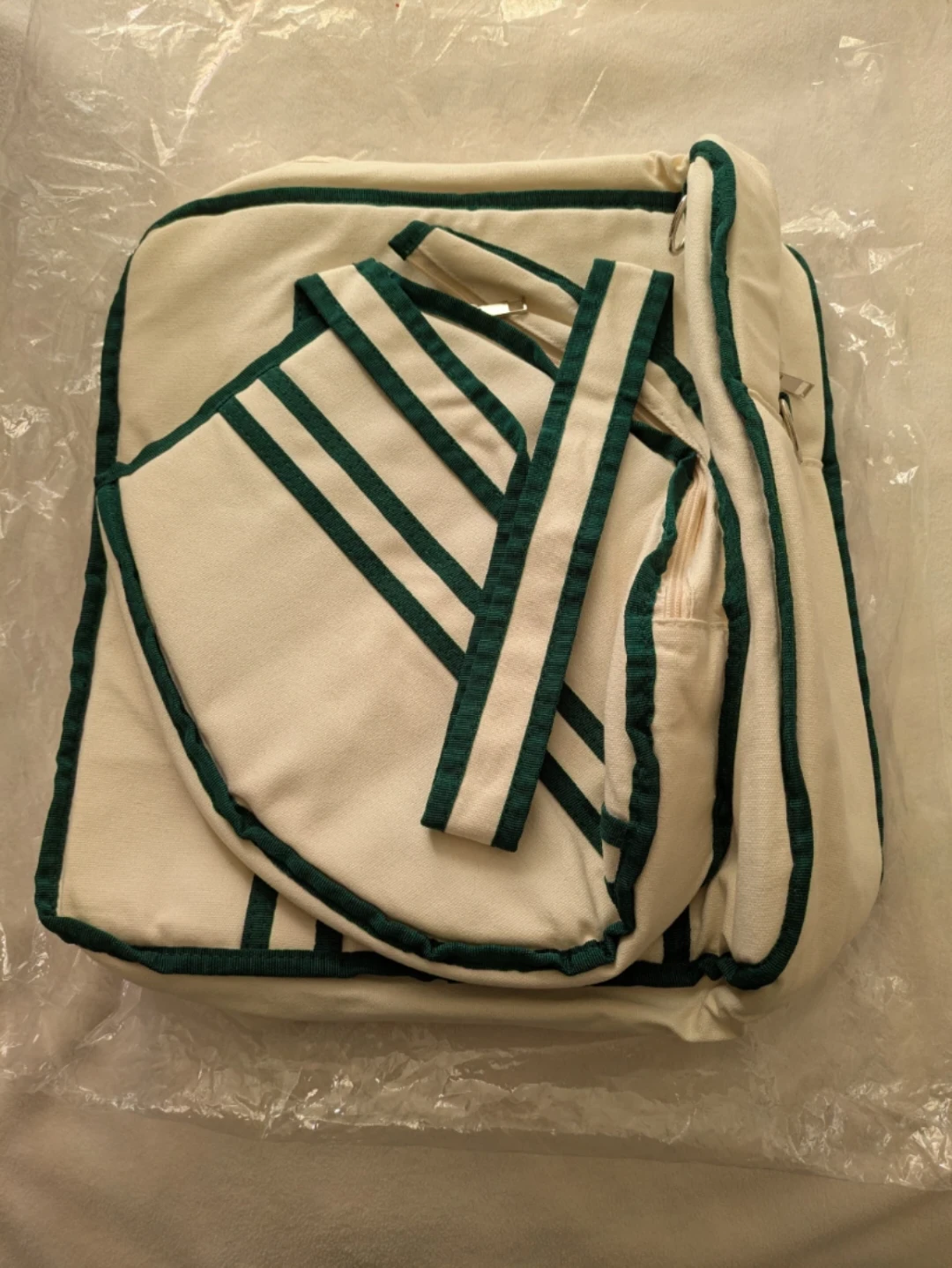 Cream and Green Striped Canvas Tote Racket Bag