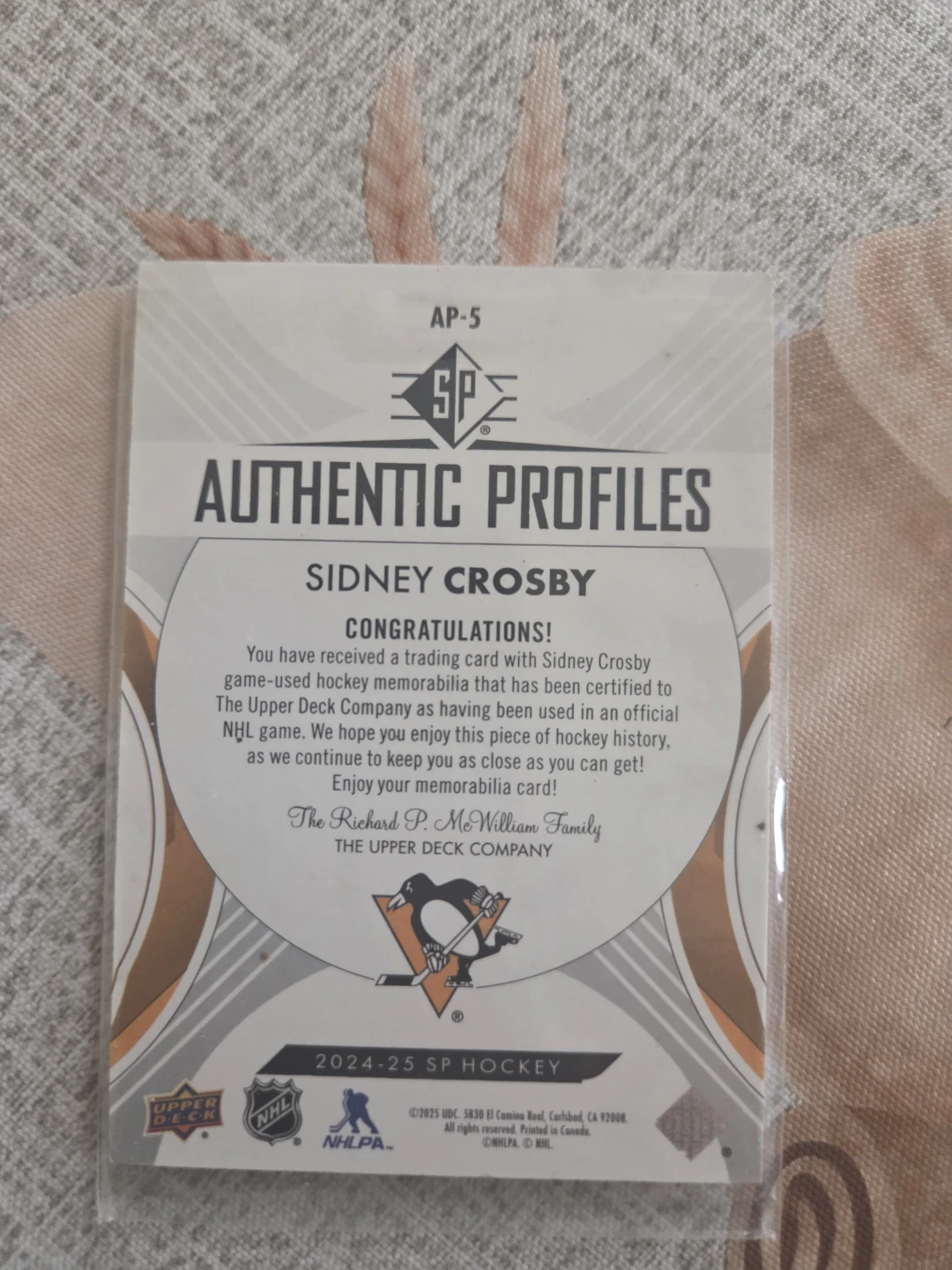 Sidney Crosby 2024-25 SP Authentic Profiles Memorabilia Card - photo 2