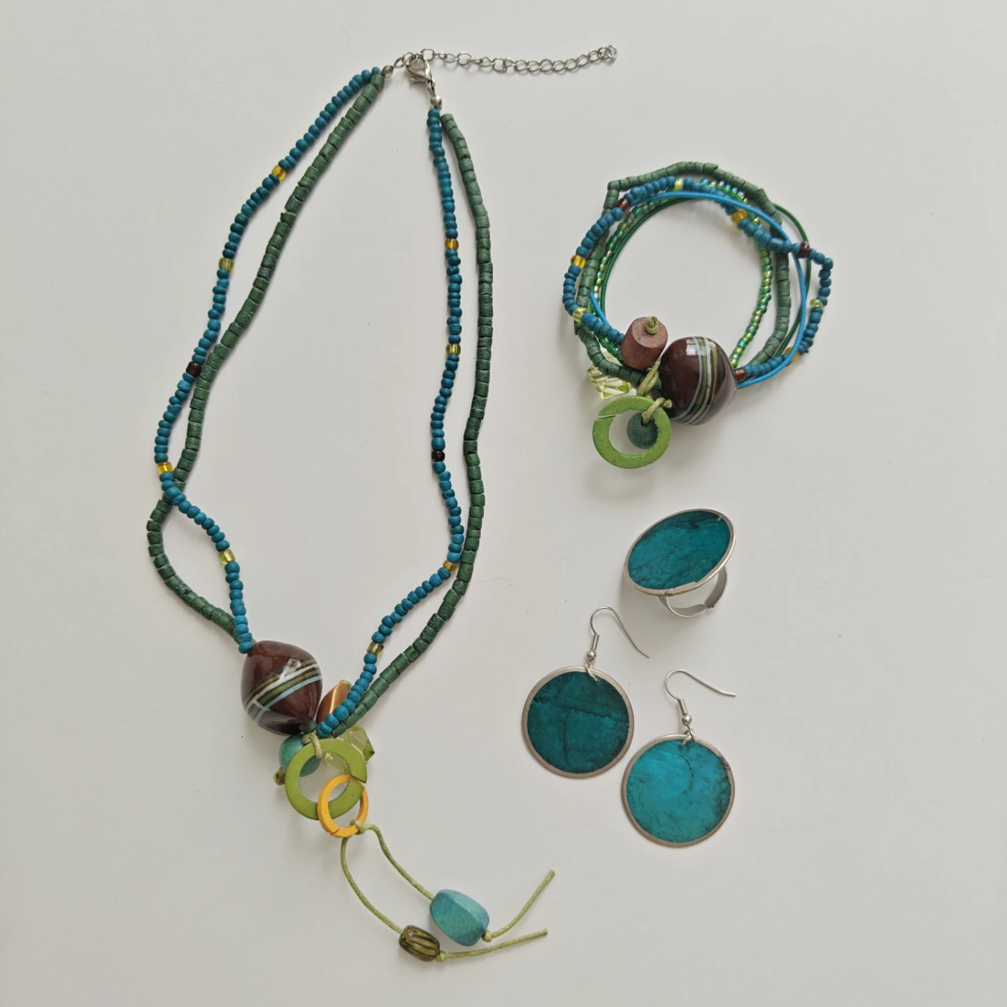 Beaded Necklace, Bracelet, Ring & Earrings Set