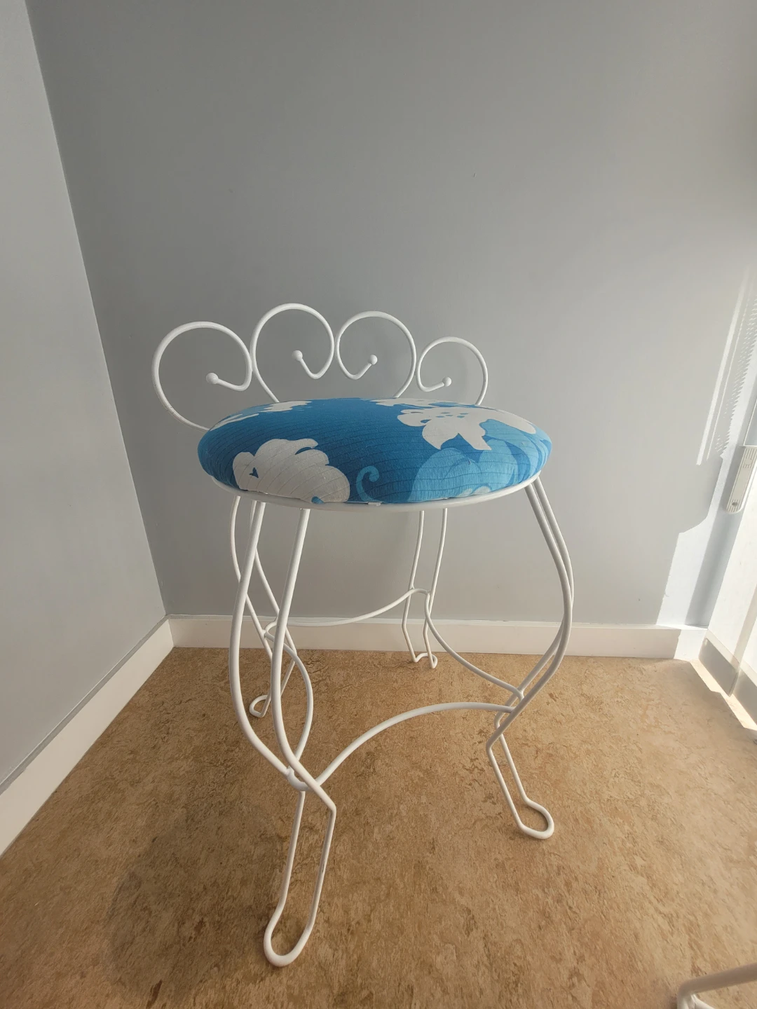 White Vanity Stool with Blue Floral Cushion