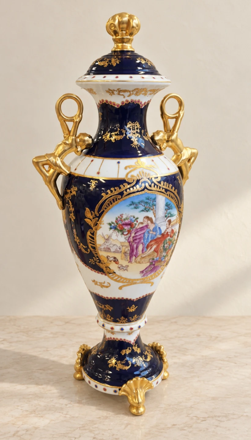 Decorative Porcelain Urn with Gold Trim