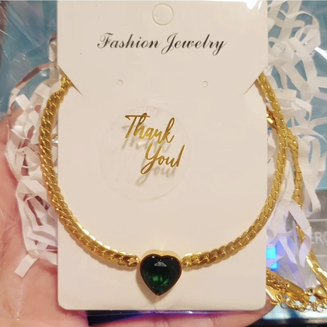 Gold-Tone Chain Necklace with Green Heart Pendant