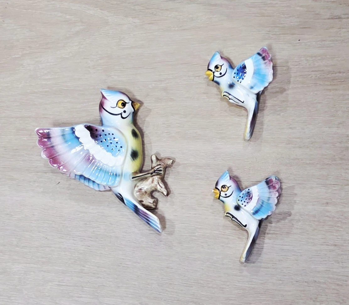 Vintage rare HTF Ceramic Blue jay Bird Wall Decor Set