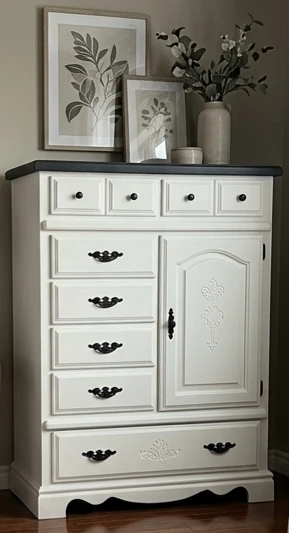 White painted tall dresser with storage cabinet
