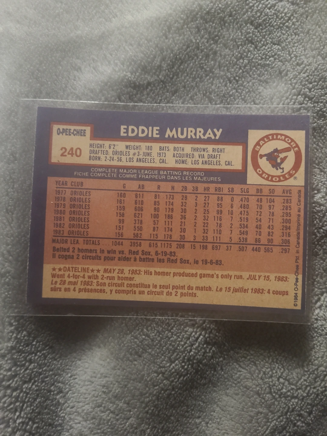 1984 O-Pee-Chee Eddie Murray Baseball Card - photo 2