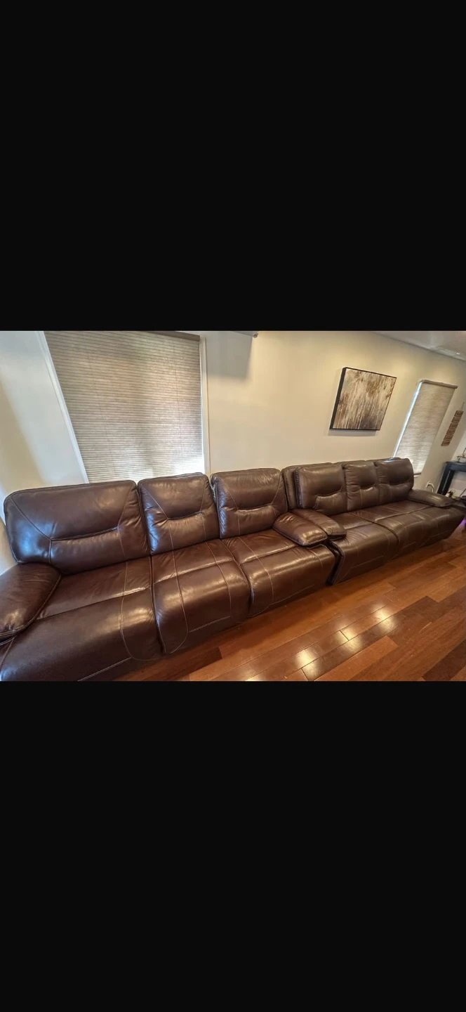 Large Brown Leather Reclining Sectional - photo 2
