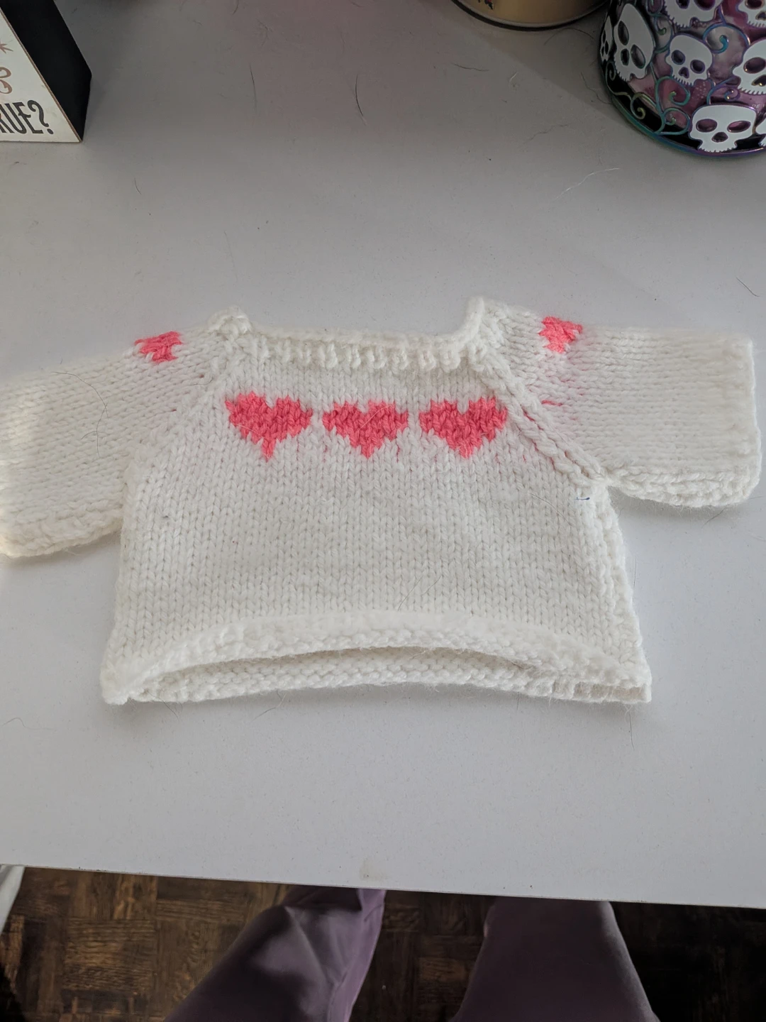 Hand-knitted White and Pink Heart Sweater