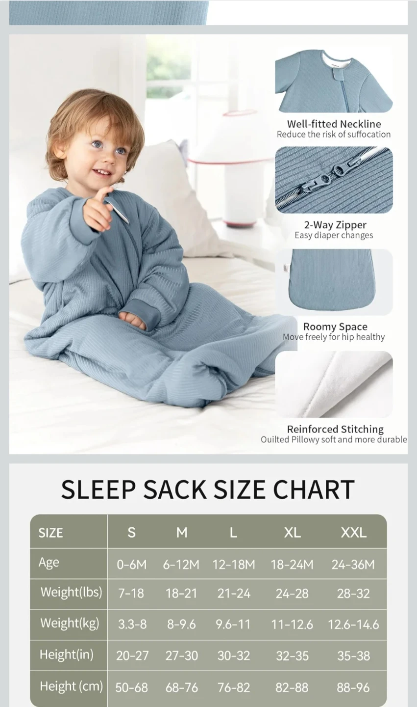 BubblePanda Long Sleeve Ribbed Bamboo Sleep Sack - Glacier - photo 4