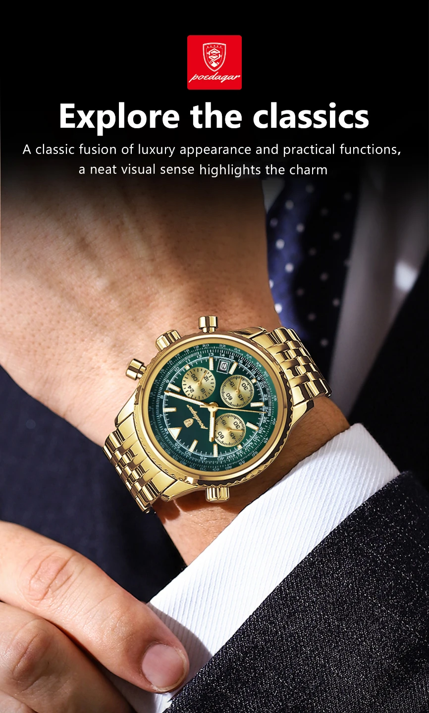 Poedagar Gold Tone Green Dial Chronograph Watch - photo 5