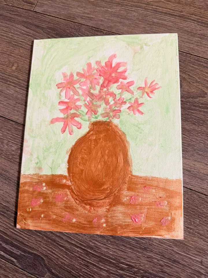 🌸 Original Hand-Painted Pink Flower Vase – Wall Art 🎨