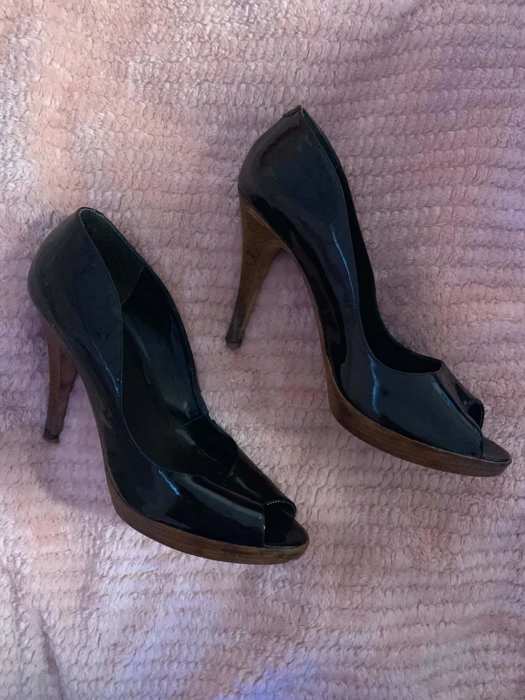 Black Patent Leather Peep-Toe Heels