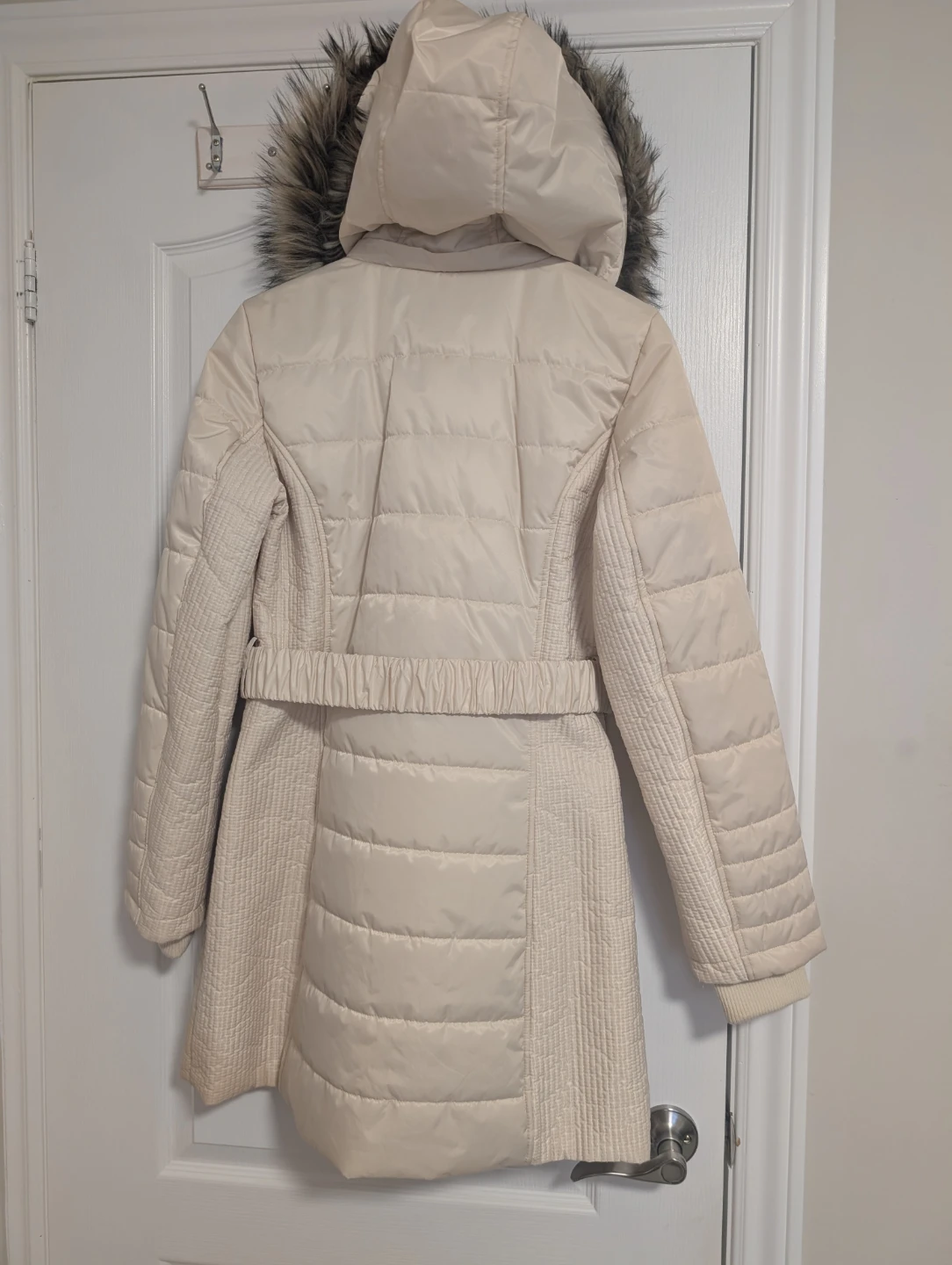 Cream Puffer Coat with Faux Fur Hood - photo 4