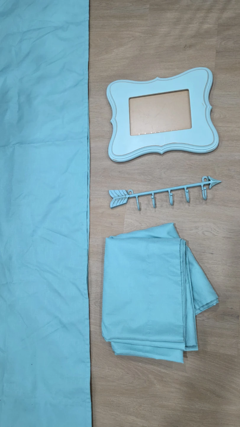 Turquoise home decor set: Curtains, photo frame, and wall hook