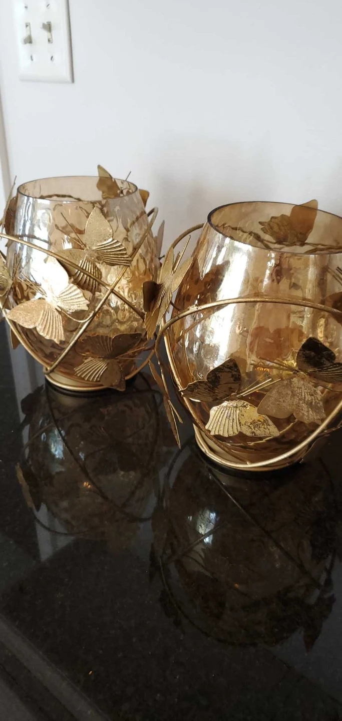 Set of Two Butterfly Glass  Candle Holders