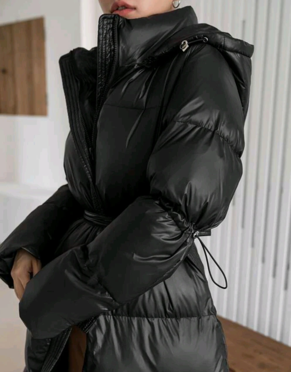 Black Long Puffer Coat with Belt (Medium) - photo 2