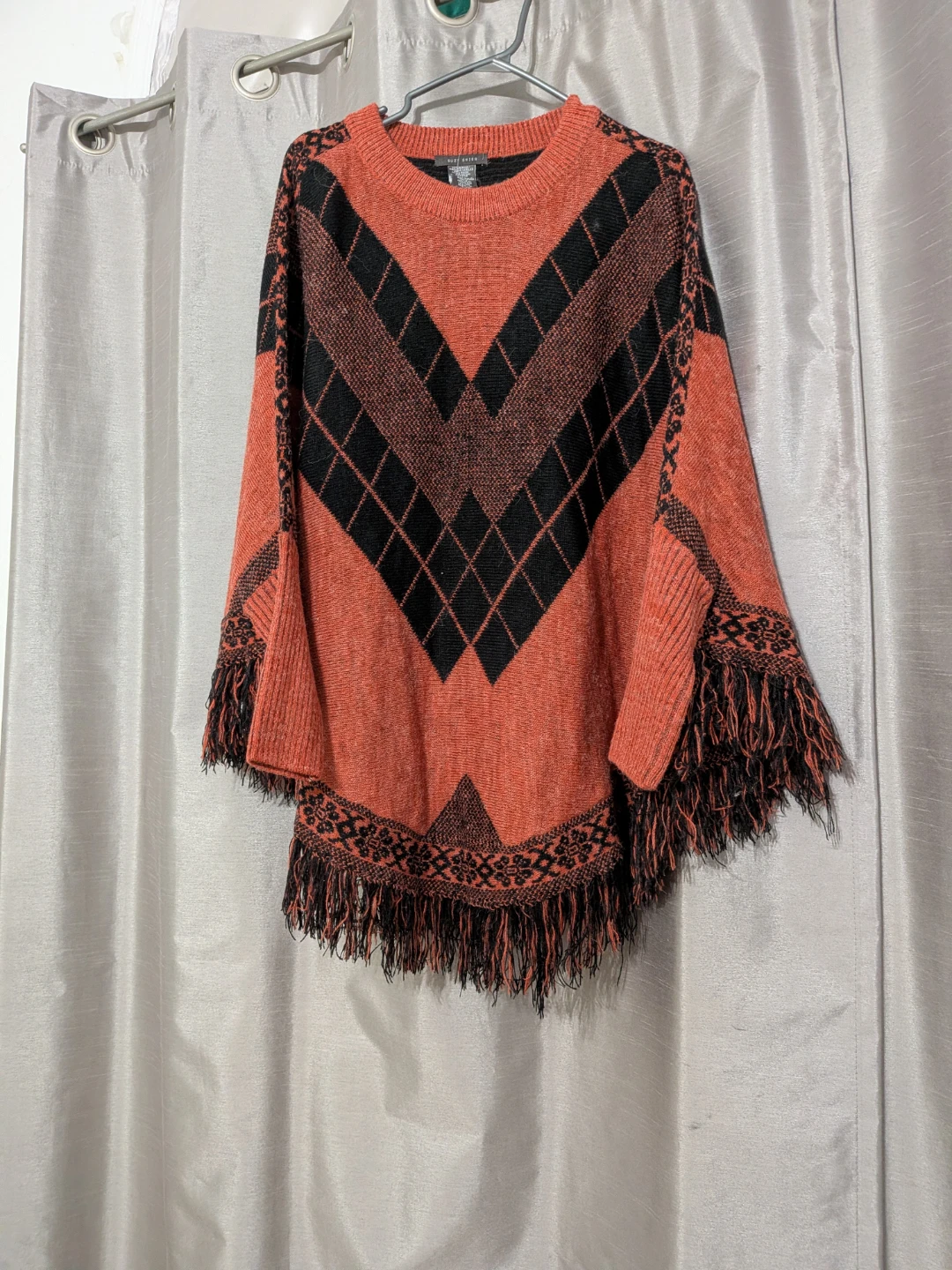 Suzy Shier Geometric Fringe Poncho Sweater