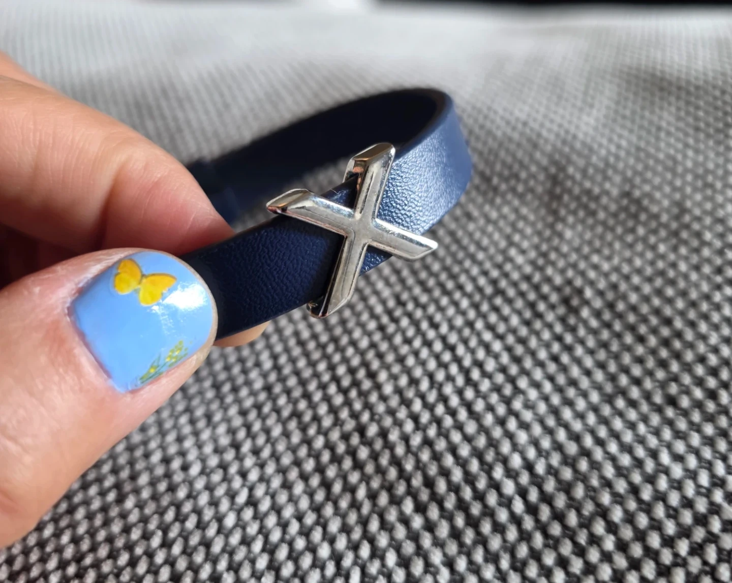 Blue Leather Bracelet with Silver 'X' Accent - photo 2