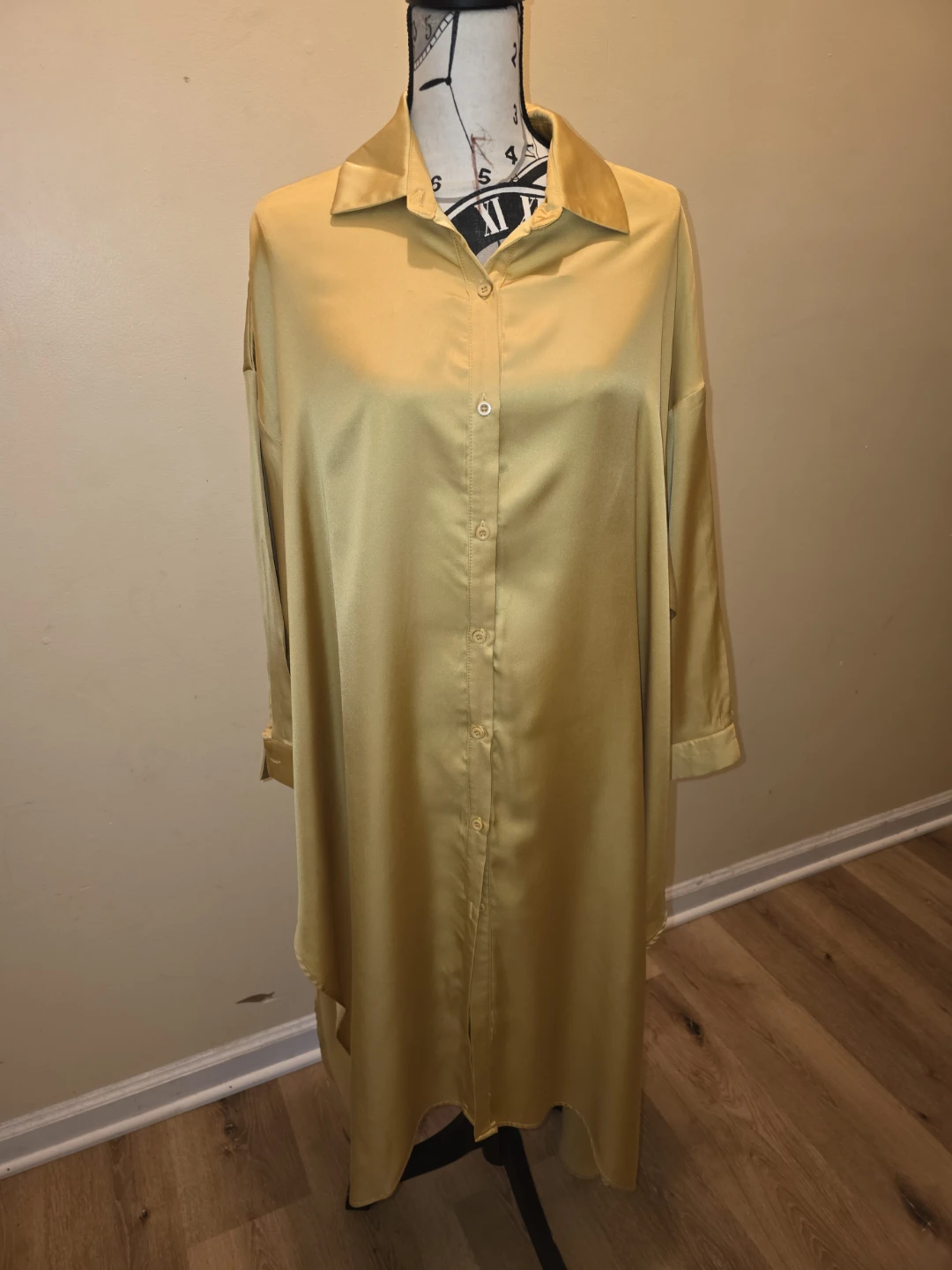 Gold Satin Longline Shirt Dress