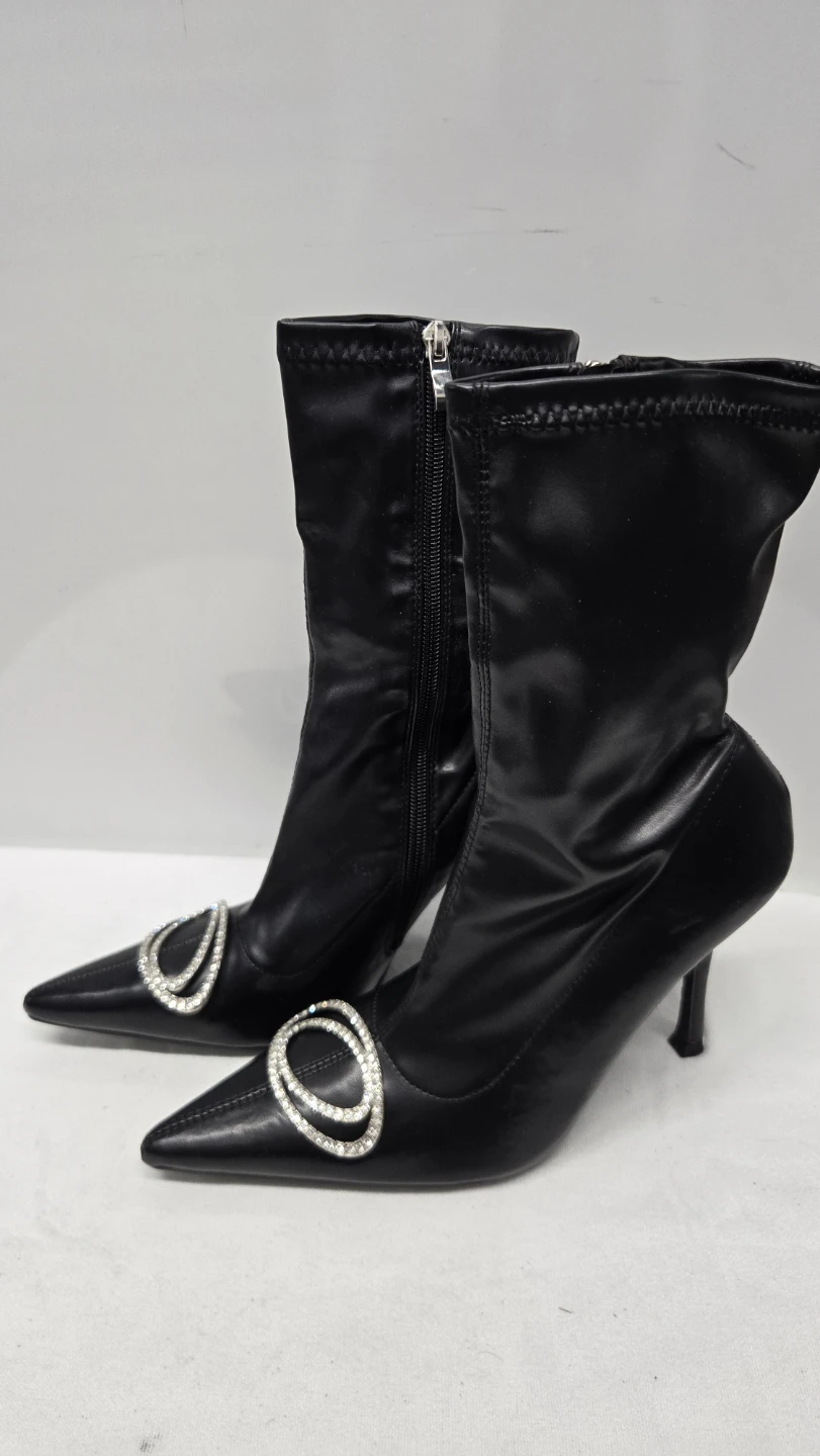 Fashion Nova Bouncy Black Pointed Stiletto Mid-Calf Rhinestone - photo 3