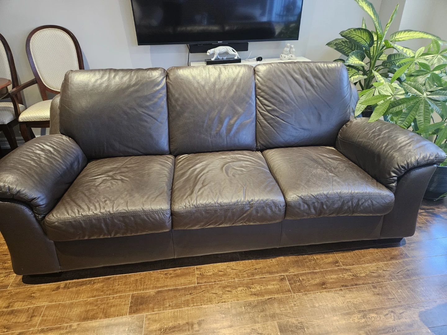 Dark Brown Leather Three-Seater Sofa