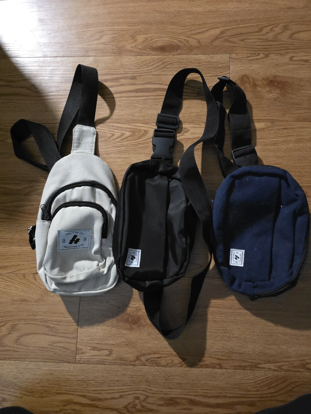 Three Small Sling Bags (White, Black, Navy)