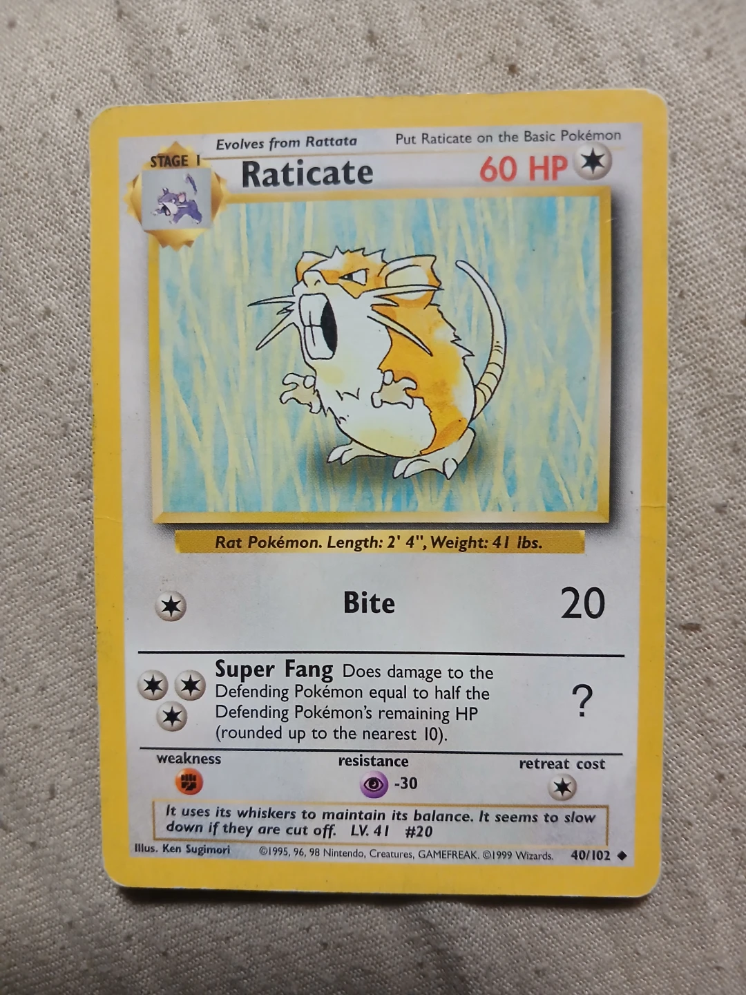 Raticate 40/102 1999 Pokémon Card
