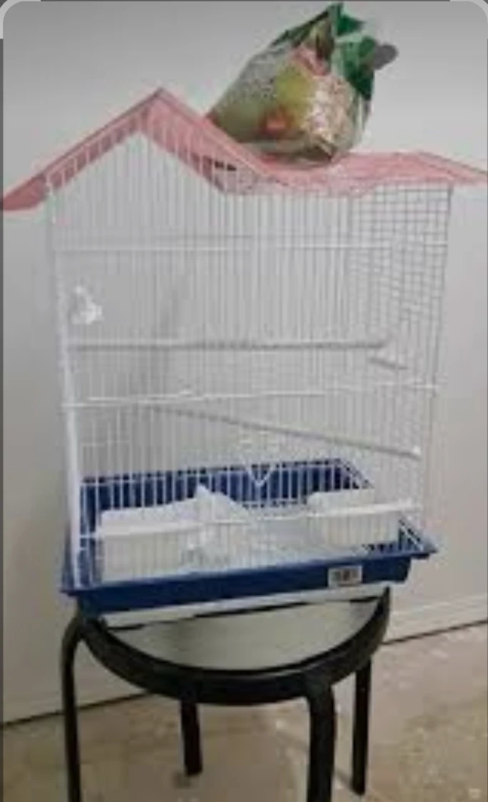 White bird cage with pink roof