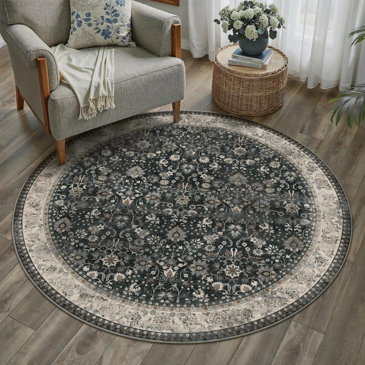 Round Floral Area Rug Dark Grey and Cream