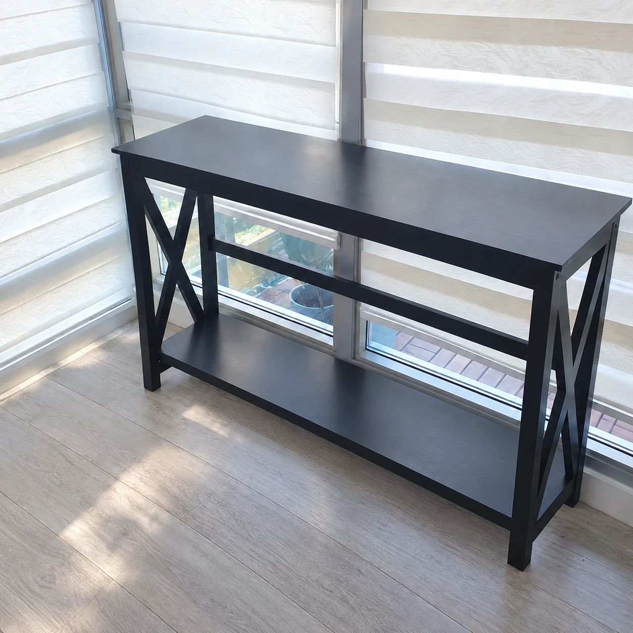 “black narrow console/sofa table with lower storage shelf