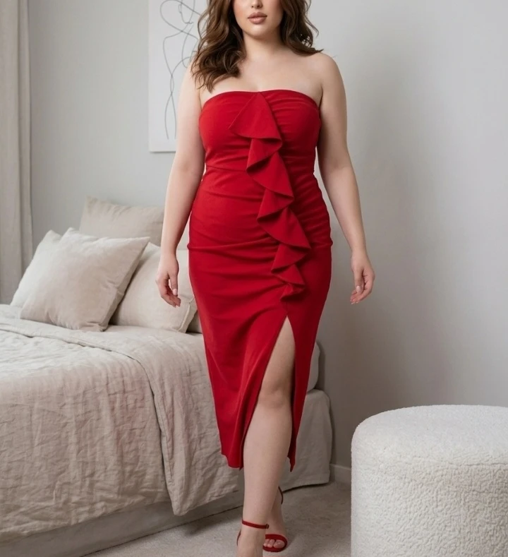Red Strapless Ruffle Midi Dress