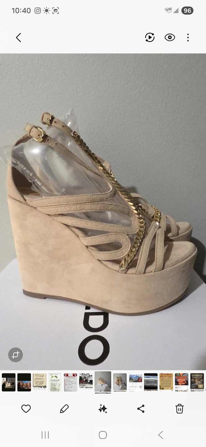 Women's Beige Suede Wedge Heels with Gold Chain Detail
